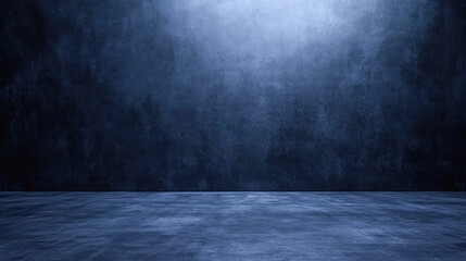 Dark empty room with textured concrete walls and floor under soft light