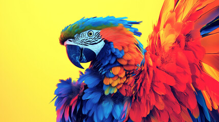 Vibrant macaw showcasing brilliant colors, perched confidently against a neutral background in a tropical setting