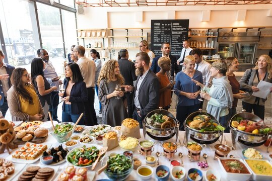 Buffet table with variety dishes at a social event. Happy diverse people chatting and socializing, enjoy with with food and drink. Buffet table with social gathering, diverse crowd, buffet setting.