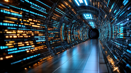 Futuristic tunnel with glowing lights and digital patterns