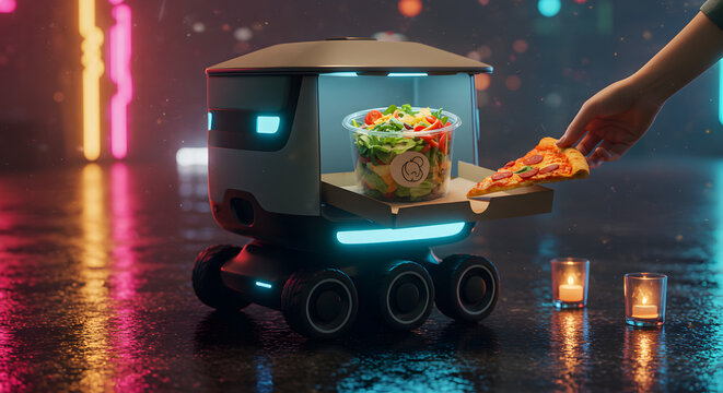 Futuristic Robot Delivering Pizza and Salad at Night