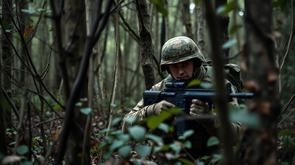 Fototapeta premium Soldier wearing camouflage uniform hiding in forest waiting to ambush enemy