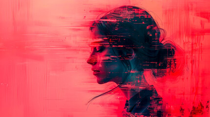 A striking profile of a woman, blending with an abstract, colorful background, evoking emotions of introspection and creativity in art.