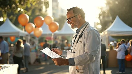 Doctor distributing health flyers at a community fair