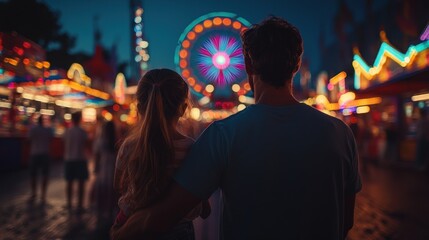 Obraz premium Couple embraces at night carnival with Ferris wheel and colorful lights