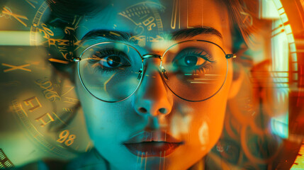 A captivating portrait of a thoughtful woman, surrounded by abstract elements, representing curiosity and the quest for knowledge and understanding.