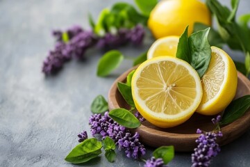 Sliced lemon and lavender sprigs create a vibrant and aromatic display on a wooden plate, offering a refreshing and natural aesthetic