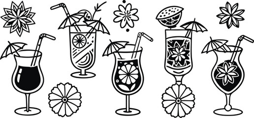 Tropical cocktail drink vector set with fruit garnishes, straws, and umbrellas in hand-drawn black and white line art summer style
