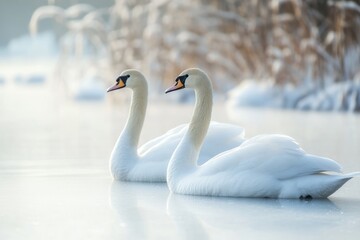 Fototapeta premium Two graceful swans are swimming on a frozen lake surrounded by snowy reeds in winter