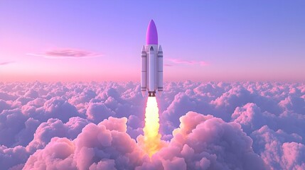 Fototapeta premium Rocket Launching into a Colorful Sky Above Fluffy Clouds