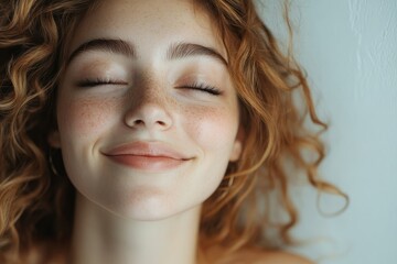 Naklejka premium Portrait of a beautiful woman with closed eyes and smiling face