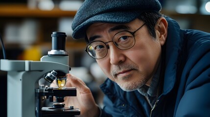 Naklejka premium A biologist examining a microscope slide, with ample room for text