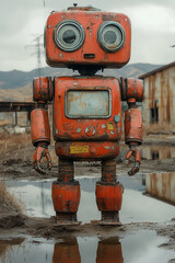 Retro futuristic robot standing in a muddy puddle, weathered and rustic