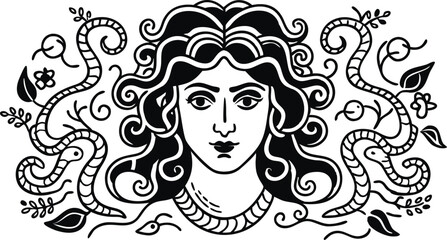 Mythical Medusa face with serpent hair in decorative line art style, Greek mythology inspired black and white vector with floral elements