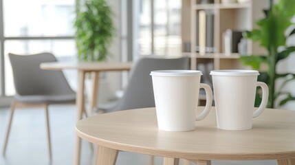 Two white cups on a wooden table in a bright, modern room with green plants.
