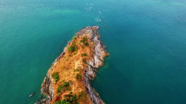 Aerial view viewpoint Prom thep Cape of Phuket, Nai Harn beach, Amazing Thailand travel by drone.