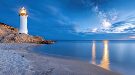Fototapeta premium lonely lighthouse on desolate shoreline under starry sky