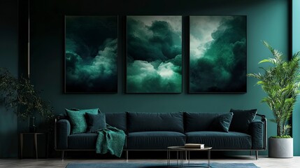 Dark emerald and navy clouds, moody and sleek with glossy finish