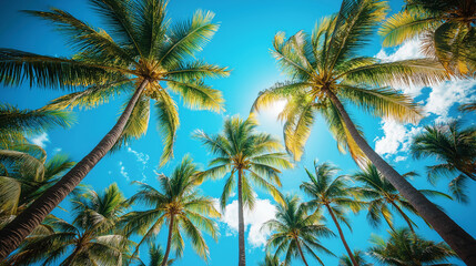 Looking up at the tops of a coconut garden with a blue sky in the background. Ai generated.