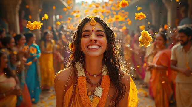 Wedding function in a colorful village where a guest secretly consumes bhang and starts acting strangely with guests laughing and concerned as vibrant decorations fill the scene