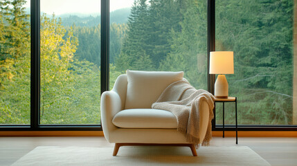 Fototapeta premium cozy armchair with blanket beside lamp, overlooking forest view