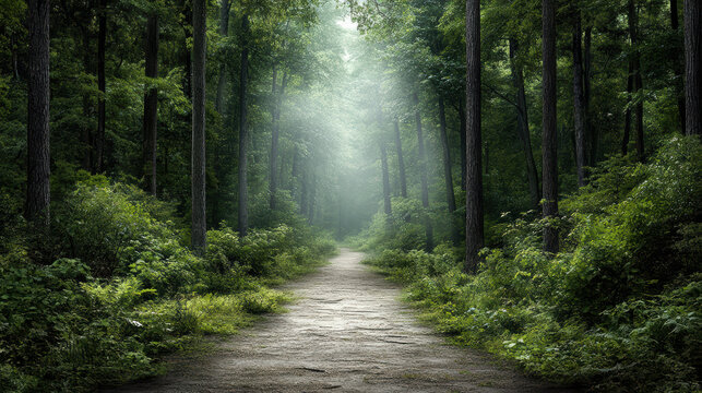 mist covered forest path surrounded by lush greenery and tall trees