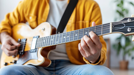 Obraz premium musician holding guitar, preparing to strum first chord