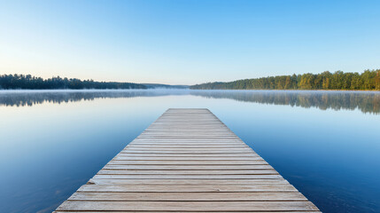 Fototapeta premium serene wooden dock extends into calm, misty lake under clear blue sky