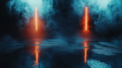 Obraz premium Empty background scene. Dark street reflection on wet asphalt. Rays of neon light in the dark, neon shapes, smoke. Background of an empty stage show. Abstract dark background