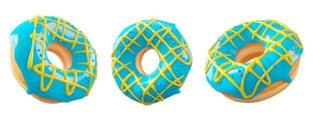 Donuts with blue blueberry glaze, sprinkles, white drizzle, and dots isolated on white transparent background. 3d rendering and illustration of dessert variety