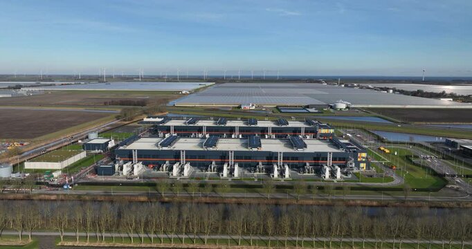 Hyperscaler, data center, cloud computing infrastructure, big data and IT, AI, infrastructure. Aerial drone views.