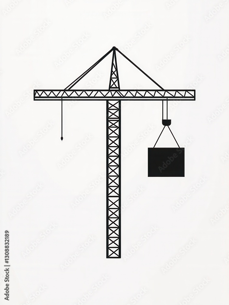 Poster Minimalist construction logo featuring a tower crane lifting a block in a modern design focusing on negative space and simple line art