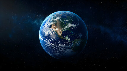Blue Planet Earth In Space Showing Continents And Swirling Clouds Against Starry Night Sky