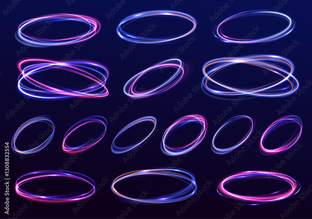 Fototapete Set of glowing neon color circles and wavy lines. Abstract light trails and dynamic curves create speed motion effects. Energy vortex with glowing spark.
