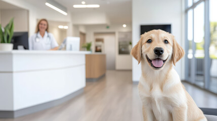 happy puppy sitting in modern veterinary clinic with smiling vet