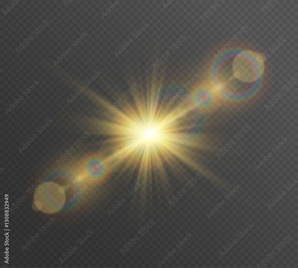 Poster Warm sun rays and clear light flashes. Transparent background with glowing lens bursts and soft sparkles. A vector set for elegant brightness and shine.