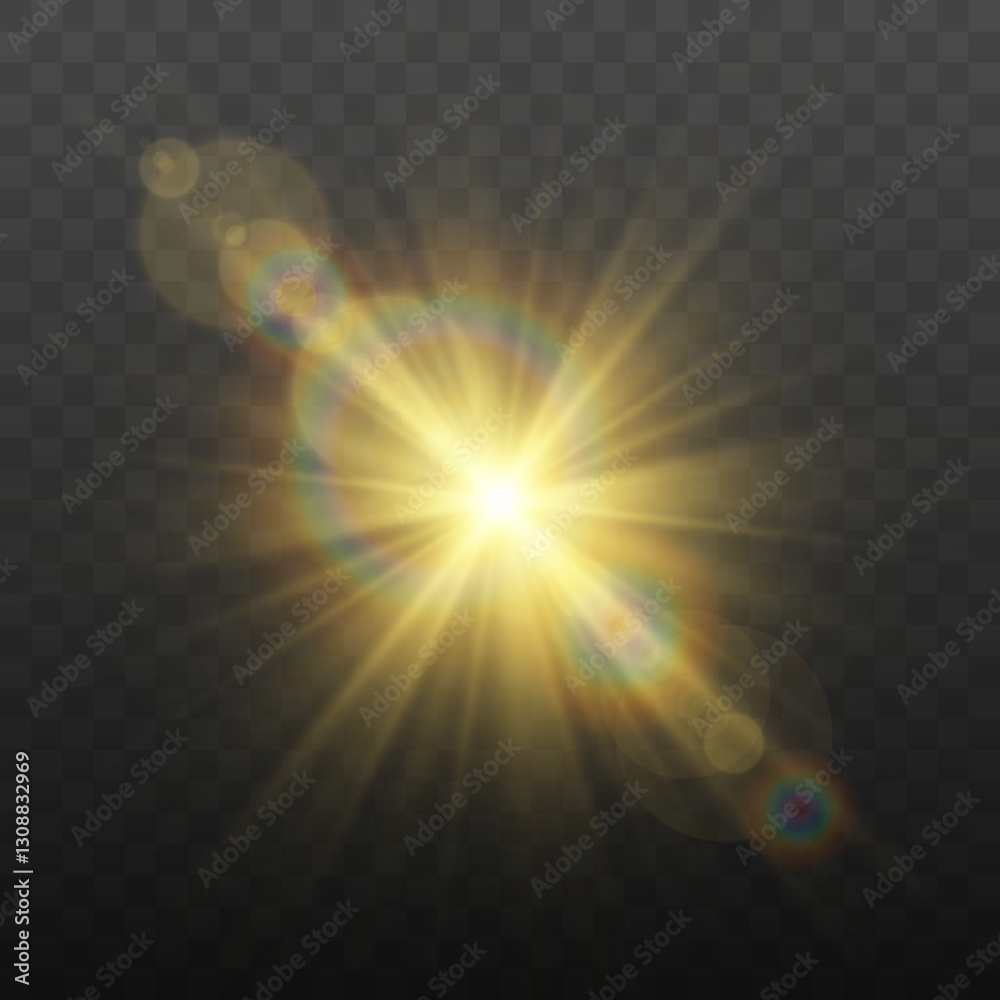 Poster realistic sunlight with subtle starbursts. glowing lines and sparkles create a dreamy lens flash. ve