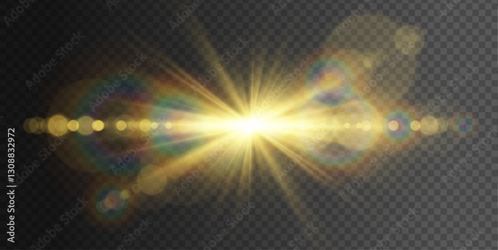 Fototapete Realistic sunlight with subtle starbursts. Glowing lines and sparkles create a dreamy lens flash. Vector transparency adds depth to the decorative light effects.