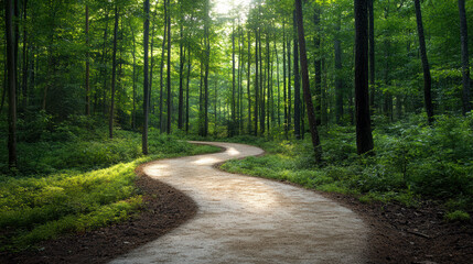 Fototapeta premium winding dirt trail through secluded forest glade invites exploration