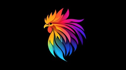Obraz premium Colorful rooster head profile, vibrant plumage, dark background, logo design