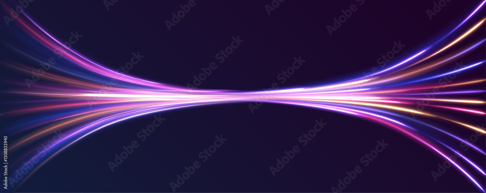 Poster vector speed of light in space on dark background. abstract background in blue, yellow and orange ne