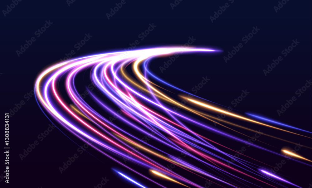 Poster vibrant neon waves on dark backdrop, ideal for modern design projects. neon color glowing lines. ele