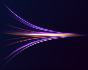 Magic luminous azure glow design element on dark background, flash luminosity, abstract neon motion glowing wavy lines. Futuristic technology concept. Vector illustration	
