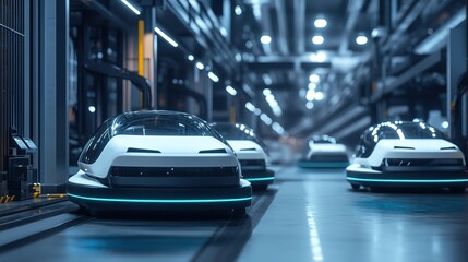 Fototapeta premium A next-gen manufacturing plant using AI-driven autonomous transport vehicles.