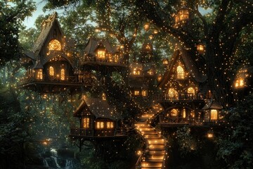 Fototapeta premium Enchanting Fairy Tale Treetop Village at Night Illuminated with Lights