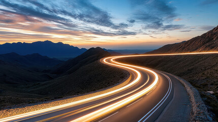 Fototapeta premium surreal highway winding through mountains at sunset, showcasing light trails