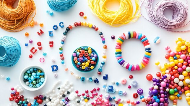 Colorful beads, letter beads, threads and other jewelry making supplies on white background. Making friendship bracelets concept. Selective focus.