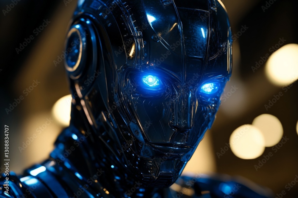 Poster high-tech humanoid robot with glowing blue eyes stands in a futuristic environment at a technology e