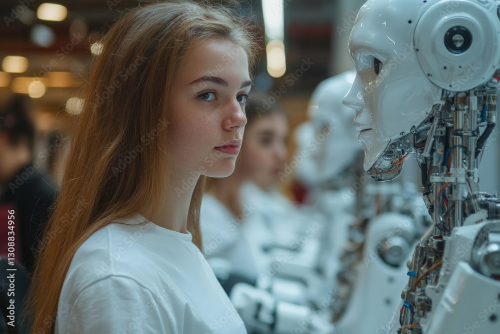 Aufkleber young woman stands next to humanoid robot in a tech exhibition highlighting artificial intelligence 