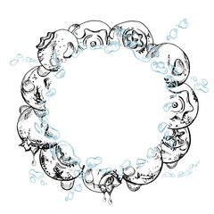 Blueberry blackberry, drops flying in water splash, hand drawn in ink vector, ripe summer forest berry. Isolated wreath frame illustration. Restaurant, cafe sweets menu, farmers market, recipe book